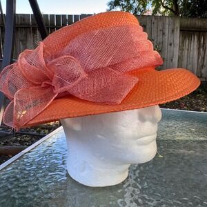 90s Tower Hill Collection Orange Paper Straw Cloche Derby Church Hat Mesh Bow